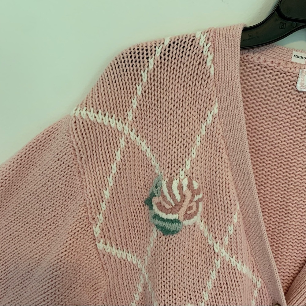 Women’s Vintage Lee David‎ Rose Floral Knit Cotton Grandma Sweater Blush Pink L - Picture 2 of 11